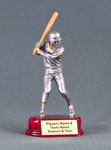 This is a action resin of a pewter color male baseball player in a batter up pose on a red tone base