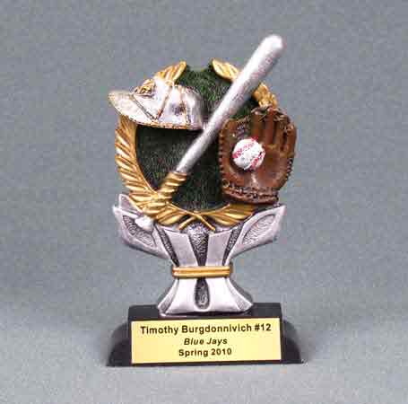 Standing wreath baseball award featuring a bat, cap and ball in glove