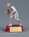 This is a image pewter colored male player on a oval red tone base